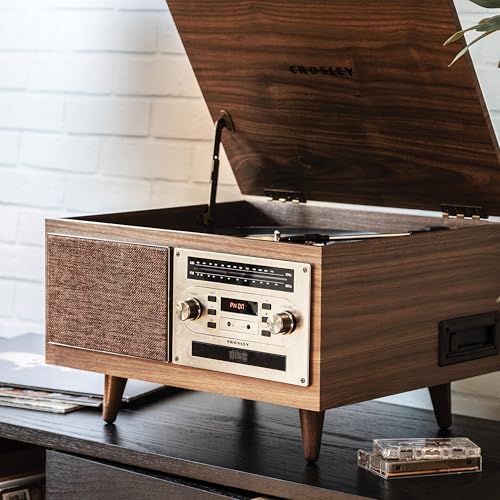 Image of Crosley CR7023A-WA Serenade 8-in-1 Record Player, Walnut | 3-Speed Turntable, Bluetooth In, Built-in Full-Range Stereo Speakers 20W Peak, AM /FM Radio