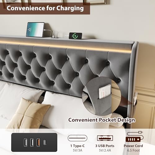 Image of King LED Platform Bed Frame with 4 Drawers, Velvet Upholstered Bed Frame with High Button Wingback Headboard, Metal Frame with No Box Spring Needed, Grey