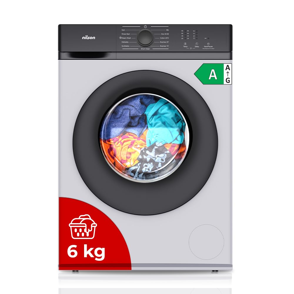 Nilson Washing Machine 6 kg Front Load White NL6200AI. 1600W, 1200rpm, Inverter Motor, 11 Programs, Stop&Go Function, Diamond Drum, Energy Efficiency Class A