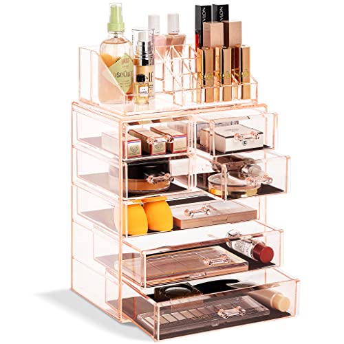 Sorbus Clear Cosmetic Makeup Organizer - Make Up & Jewelry Storage, Case & Display - Spacious Design - Great Holder for Dresser, Bathroom, Vanity & Countertop (3 Large, 4 Small Drawers) [Pink]