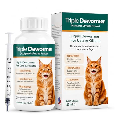 Cat Dewormer Triple Dewormer for All Worms with Pyrantel Pamoate & Praziquantel for Tapeworms, Roundworms & Hookworms, Broad Spectrum Liquid Formula, 120 mL