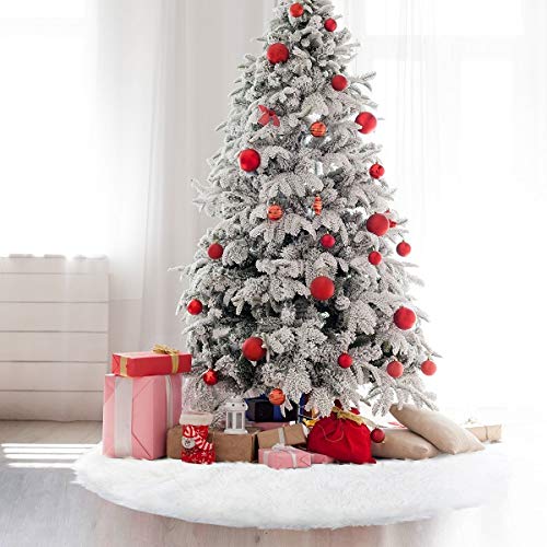 TOBEHIGHER Christmas Tree Skirt - 48 inches White Luxury Soft Faux Fur Tree Skirt, Pets Favors for Xmas Tree Decorations and Ornaments Fluffy Long Fur - Thumbnail 3