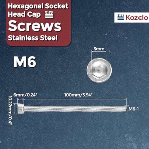 Kozelo 10 Stück Zylinderschrauben mit Innensechskant - [M6-1 x 100mm] 304 Edelstahl Vollgewinde Innensechskantschraube Antrieb für Elektromotor 3D-Druck Lüfter Motorenaustausch, Silber