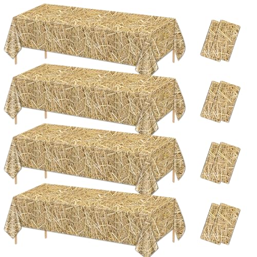 PTECDROTS 8 Pcs Straw Tablecloth Straw Table Cover Waterproof Farm Table Cloth Hay Stacks for Farm Party Decorations Cowboy Western Theme Party Supplies, 51 x 86 inch