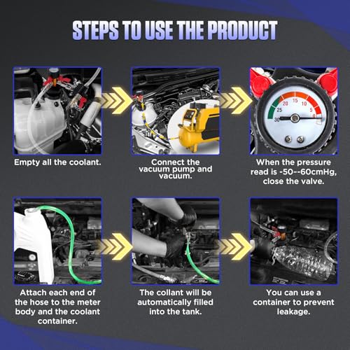MR CARTOOL Coolant System Refill Kit, Automotive Vacuum Fill Coolant Tool Set with Pressure Gauge, 5 Adapters and Air Connectors, Antifreeze Change Tool for Testing Radiator and Heating Core Pipes - Thumbnail 6