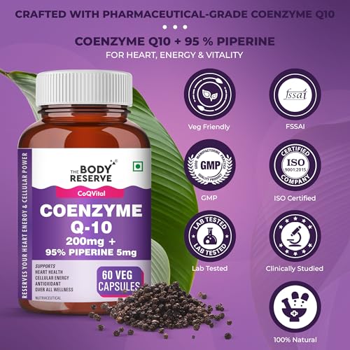 Image of The Body Reserve Coenzyme Q10 200mg with 95% Piperine - High Absorption CoQ10 Supplement for Heart & Vascular Health | Supports Energy Production & Cellular Function | Powerful Antioxidant | 60 Vegetarian Capsules