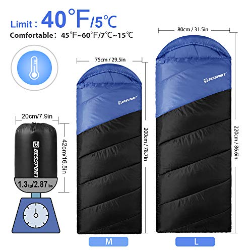 Bessport Saco de dormir 3 estações 4,4 °C/5 ℃ Saco de dormir leve repelente de água para uso externo