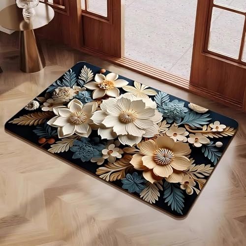 Image of Non-Slip 3D Floral Bath Mat, Quick Dry Absorbent Silicone Floor Mat, Anti Skid Doormat for Bathroom, Home, Office, Living Room, Hallway Runner, Soft Cushion Carpet Rug (3D Flowers)