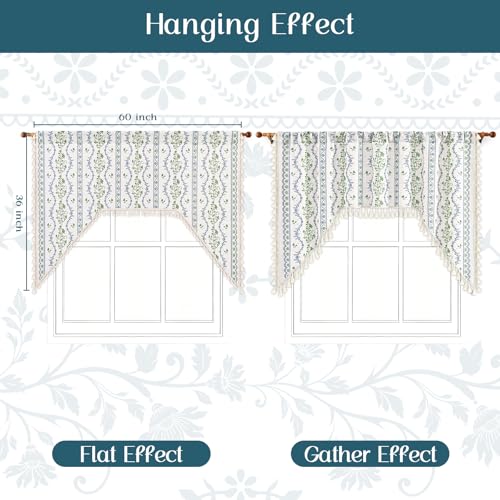 Image of Yinhua Boho Swag Valance Curtains Vintage Linen Valances for Windows Light Filtering Floral Kitchen Valance Rod Pocket Rustic Tassel Window Valances for Bathroom Cafe, 60 inch W x 36 inch L, Blue Green Floral