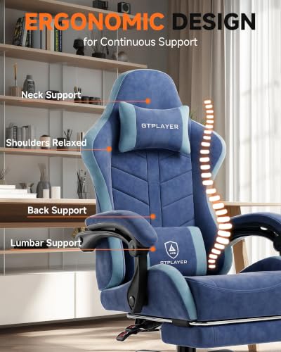 Image of GTPLAYER Gaming Chair for Adults, Computer Chair with Footrest, Blue | Ergonomic Video Game Chair with 90-155 Recline, Removable Headrest & Lumbar Support, All-Day Comfort for Home & Office