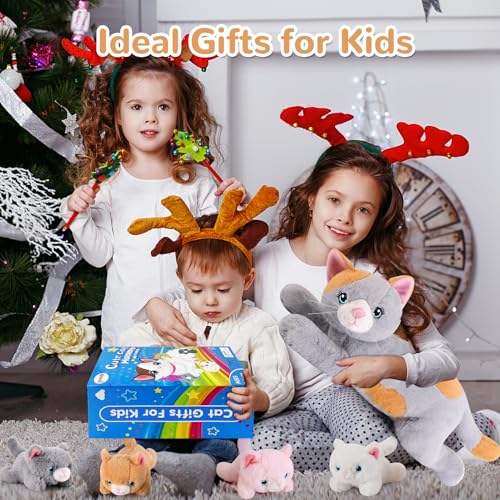 Image of 5 Pieces Cat Stuffed Animals with Babies Inside Belly - 1 Mommy Stuffed Cat with 4 Kittens - Stuffed Kitty Plush Toys for Kid Age 3-8, Gift Ideal for Christmas, Valentine's, Birthday (Grey)