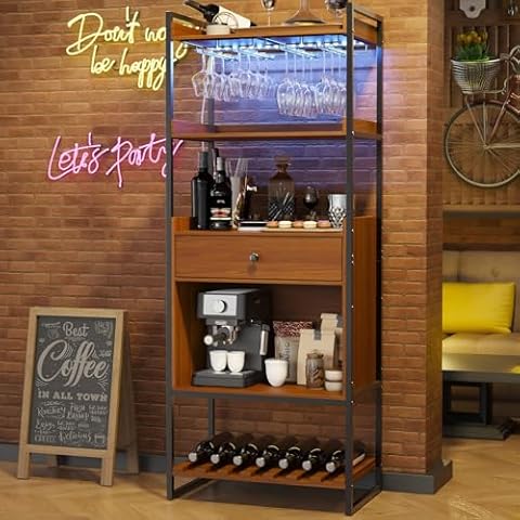 Housoul Wine Bar Cabinet with LED Lights, Industrial 67" Tall Coffee Bar with Glass Rack, Liquor Cabinet Wine Rack Storage Metal Wood Sideboard Buffet for Home Dining Living Room, Brown Cover