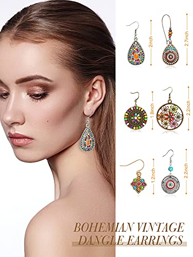 Hicarer 9 Pieces Bohemian Western Jewelry Set for Women Turquoise Vintage Dangle Earrings Set Boho Retro Rhinestone Drop Earrings Multi-layer Beaded Leather Bracelet and Turquoise Bead Necklace2