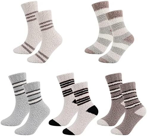 QKURT Men's Fluffy Socks, 5 Pairs of Thickened Coral Fleece Socks Winter Thermal Socks Soft and Comfortable Floor Socks Bed Socks with Classic Stripes for Men,Boys