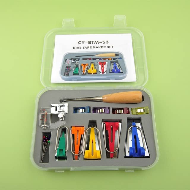 Sew Bias Tape Maker Kits with All 5sizes 6mm 9mm 12mm 18mm 25mm Binding Foot Craft Clips Awl Quilter's Pin - (Color: Multi, Style A)