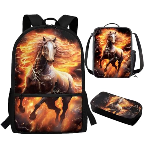 TOADDITDO Flaming Horse Boys Backpack 10-12 Years Old with Lunch Bag Pencil Case Middle School Large School Bag 8-12 Kids Hiking Camping Bookbags Daypack Travel Shoulder Bags Laptop Backpacks