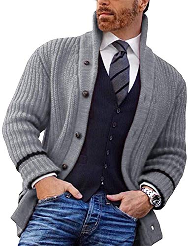 Hestenve Mens Stylish Chunky Shawl Collar Button Cardigan Cable Knitted Sweaters Outwear Grey