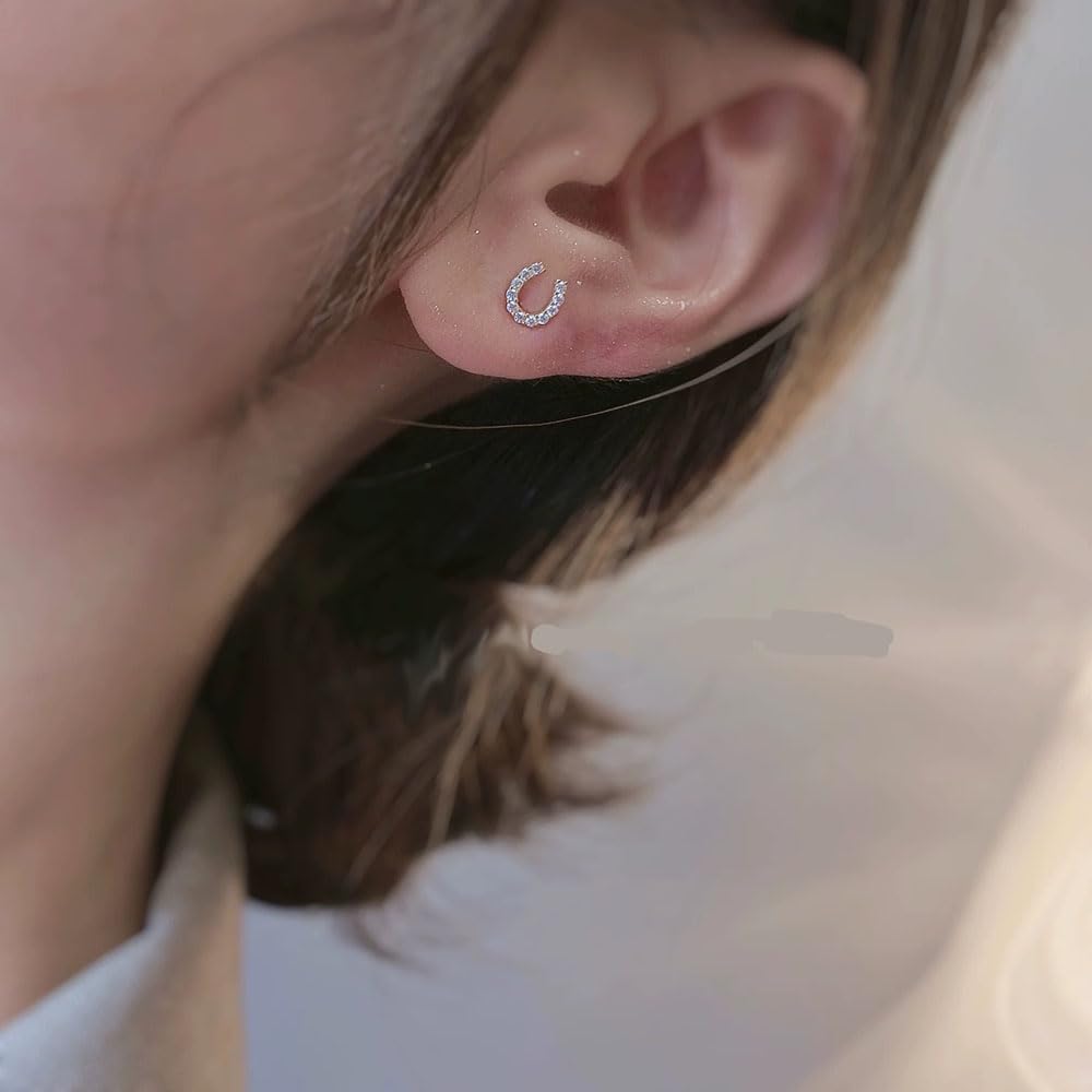Lucky Horseshoe S925 Sterling Silver Small Stud Earrings for Women Cubic Zirconia Dainty Elegant Good Luck U Shape Hypoallergenic Tiny Mini Cartilage Earring CZ Cute Fashion Jewelry Animal Horse Lover Gifts - Image 6