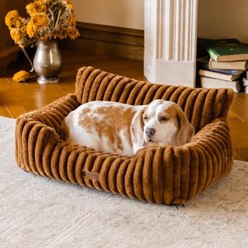 MEWOOFUN Hundesofabett - Katzenbetten für Hauskatzen Weich und Flauschig, Katzensofabett Kleines Hundebett für Hunde und Katzen, Beruhigendes Hundebett (Braun, 91x72x30cm)