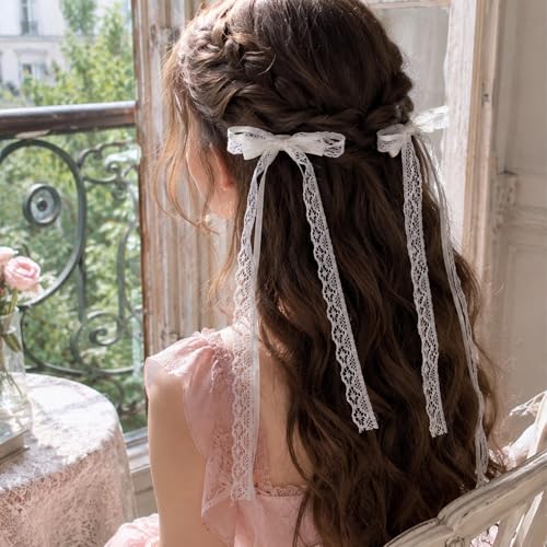 2 Piezas Lazos de Encaje Blancos para el Cabello con Cola Larga, Pinzas de Lazo Coquette para Mujer, Elegantes Barrettes de Cinta con Clip de Cocodrilo, Accesorios para el Cabello de Boda para Niñas y Adolescentes miniatura 5