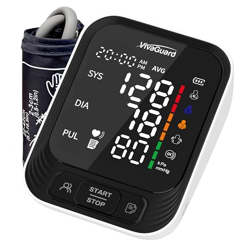 VivaGuard Blood Pressure Monitor for Home Use, Upper Arm Blood Pressure Cuff (8.7' - 16.5'), Automatic Digital BP Machine with Large LCD Backlit Display, 2 x 199 Memory, Carrying Case and Power Supply