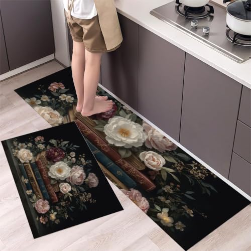 Alfombras de cocina DUOTCYELE juego de 2 piezas estilo floral europeo clásico y relieve dorado 3
