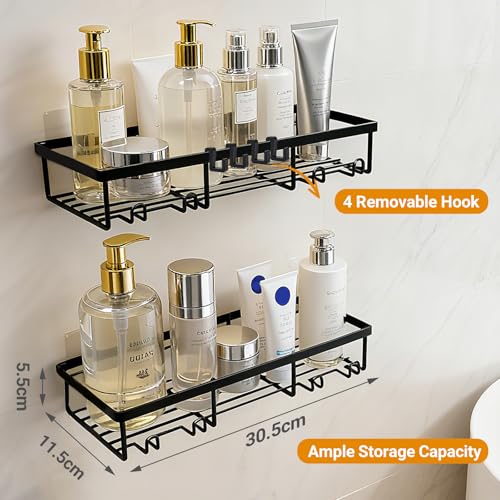 LINKINNO 2 Stück Duschablage Ohne Bohren, Langlebige Edelstahl Rostfreies Badezimmer Organizer Regal großer Kapazität schnell Trocknende Badregal Halterung mit 2 Haken für Shampoo Duschel, Schwarz