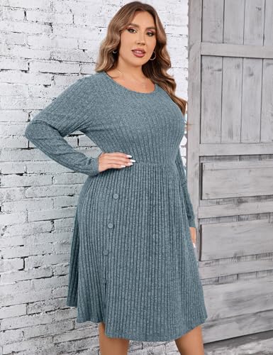 Image of Women's Plus Size Casual Sweater Dress Square Neck Long Lantern Sleeve Tie Waist Loose Pullover Sweater Dresses
