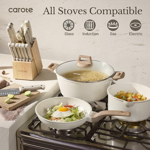 Image of CAROTE ICE 35pcs Pots and Pans Set, Nonstick Cookware Sets, White Granite Induction Cookware with Kitchen Knife Set