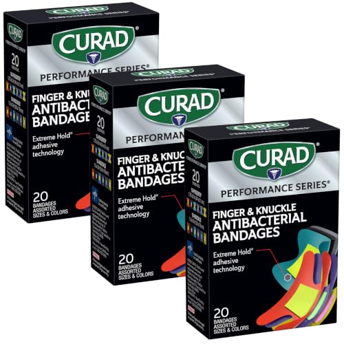 CURAD Performance Series Antibacterial Bandages Extreme Hold Adhesive Technology Finger & Knuckle Bandages Flexible Fabric Variety Pack with Assorted Sizes & Colors ( Pack of 3)