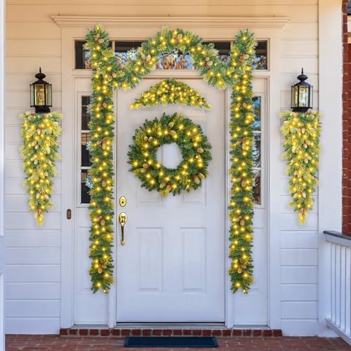 GAOMON Christmas Garland and Wreath Set with Lights, Battery Operated,