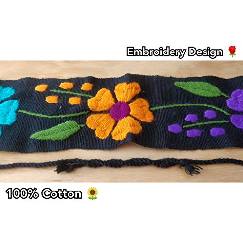 Mexican Embroidery Belt Sash 28 Inches & 22 Inches String Beautiful Floral Design Traditional Fiesta Party (Black, 1) #TOP1