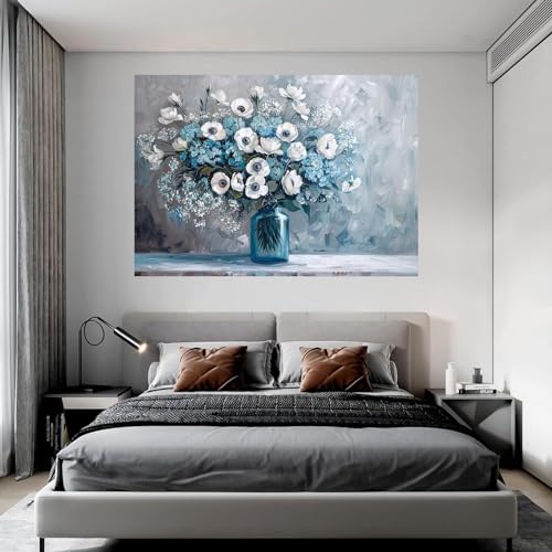 Tableau décoration murale moderne fleur bleue et blanche grand format
