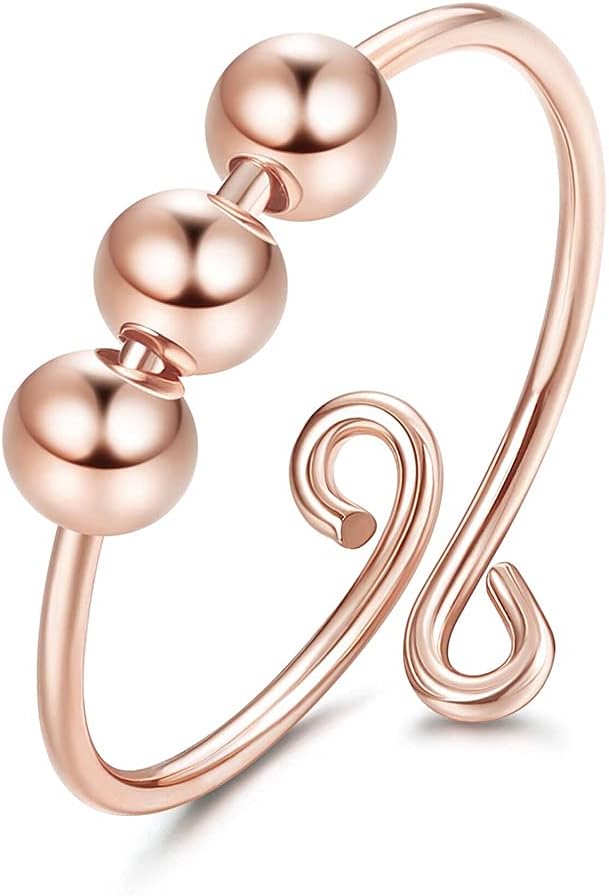 Anti Stress Anxiety Ring for Women and Girls Rotatable Fidget Ring Worry Ring Freely Beads Open Finger Band Rings Meditation Spiral Adjutable Rotate Spinner Stress Reliever Silver Rose Gold