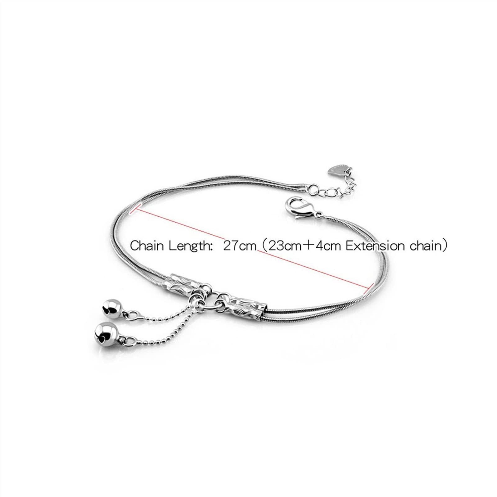 Cavigliere Moda Ragazza carina Cavigliere a campana Donne Cavigliere a catena in argento sterling 925 Cavigliere a catena doppia contratta Cavigliere da 27 cm Cavigliere da donna
