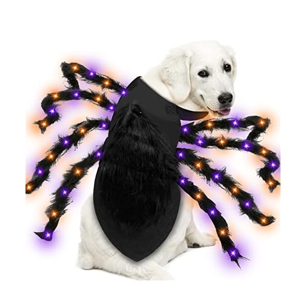 Camlinbo 24 led spider dog halloween costume for small medium large dogs, furry giant spider with orange purple lights puppy pet costume outfits clothes funny halloween costume party cosplay