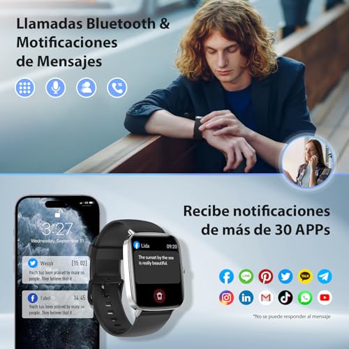 Inteligente Reloj con Llamadas Mujer Hombre Negro, 1.85" SpO2/Pulsómetro, 110 Modos Deporte IP68 iOS Android