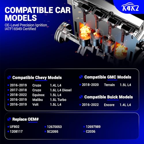 Image of X4XZ UF802 Ignition Coil Pack & 91970 Double Iridium Spark Plugs for Chevy | 2018-2022 Equinox,2016-2019 Malibu /Cruze /Volt, 2018-2020 GMC Terrain, 2016-2022 Buick Encore Replace# 12670053 5C2095 C2036