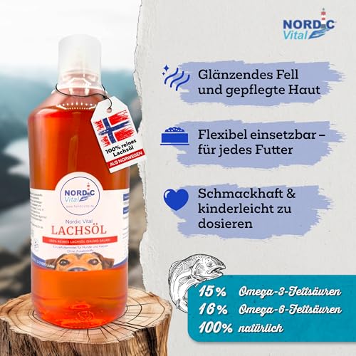 NordicVital Premium Lachsöl Hunde & Katzen 1000ml – 100% Natürliches Fischöl/Fish Oil aus Norwegen Lachs – Reich an Omega 3 & 6 Fettsäuren hochdosiert – Barf Öl abgefüllt in Deutschland
