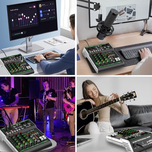 Aveek Audio Mixer,Professionelles Soundboard-Mischpult mit USB-Stick/Bluetooth/Computer/4-Kanal-Stereo-Eingang DJ Mixer,48V Phantom Digital 99 DSP-Effekt für PC-Aufnahme Karaoke Studio Streaming