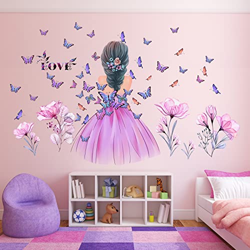 Butterfly Girl Wall Stickers Flower Fairy Wall Decal Pink Floral Wall Mural Colorful Butterflies Wall Decor Diy Removable Vinyl Wall Art For Girls Baby Nursery Bedroom Playroom #TOP17