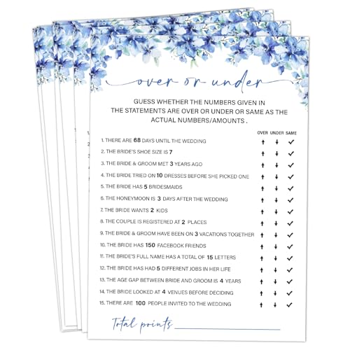 Image of Over Or Under Bridal Shower Games, 25 Blue Floral Wedding Shower Game Cards Set, Engagement Party Game for Guests, Wedding Games for Reception, Minimalist Marriage Party Supplies-03