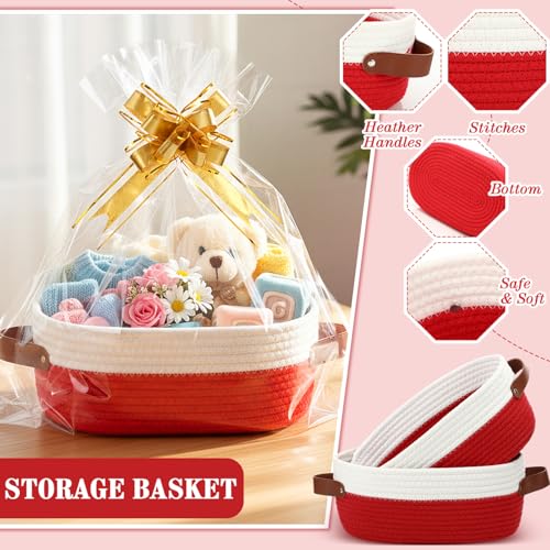 Image of Colingmill 3 Pack Easter Small Woven Basket for Gifts with Handles Clear Bags and Ribbons Empty Storage Basket Decorative Chest Box for Easter Wedding Present(White and Red,12 inchx 8 inchx 5 inch)