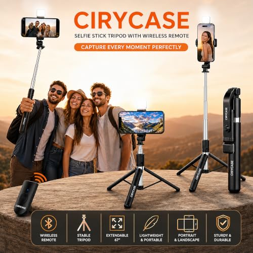 Image of CIRYCASE Selfie Stick Tripod with Light, 67 inch /170CM Reinforced Tripod for Mobile Phone, Multi-Functional Bluetooth Long Selfie Stick for Travel,Vlogging,Compatible with iPhone and All Smartphones