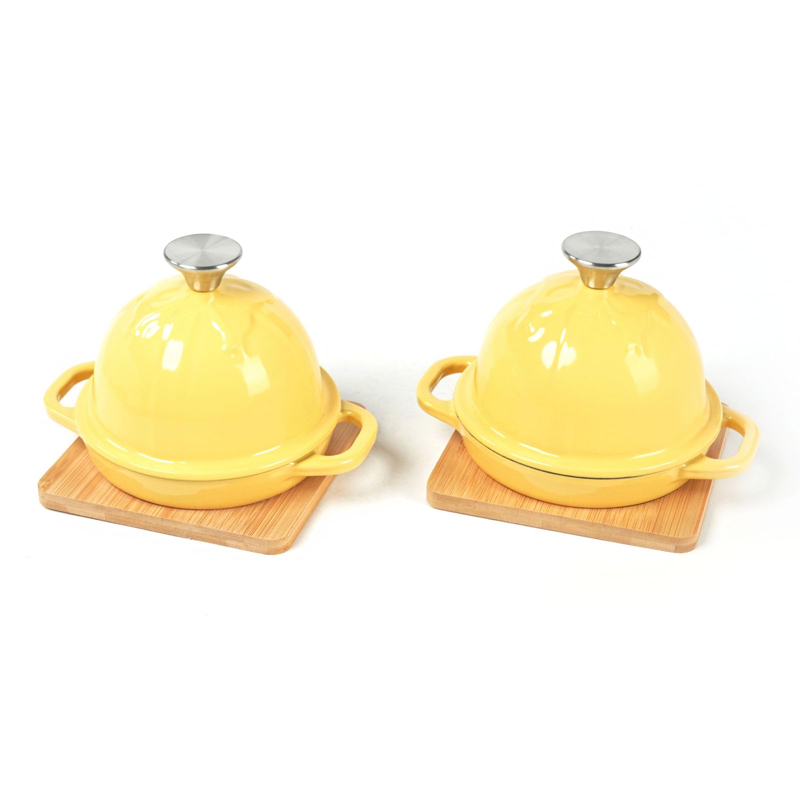 HAWOK Enameled Cast Iron Garlic Roaster with Bamboo Tray, 5-Inch, BBQ Grill Garlic Baker, Mini Cocotte, Set of 2, Yellow