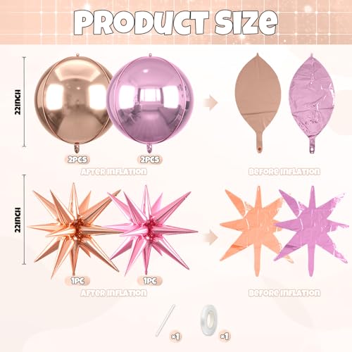 Image of 6pcs 22 inch Pink Rose Gold Star Balloons and 4D Large Foil Balloons, Pink Star Balloon Rose Gold 4D Foil Aluminum Balloon For Birthday Baby Shower Party Wedding Anniversary Valentine's Day Decoration