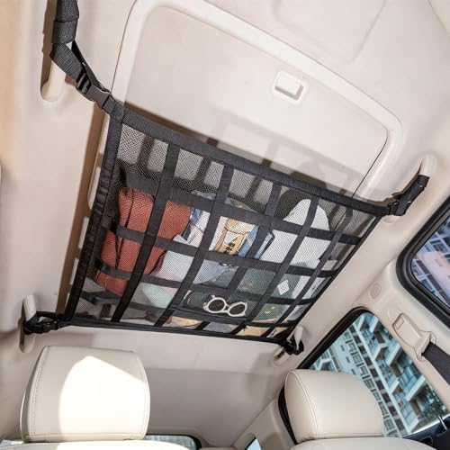 Upgrade Car Ceiling Cargo Net Pocket,31.5"x21.6" Double-Layer Roo...