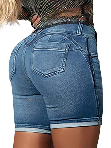 Flamingals Jean Shorts Womens High Waist Double Button Denim Bermuda Shorts Light Blue L #TOP4