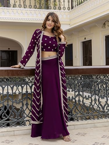 RENDMALLS Women's Georgette Sequin Embroidery Crop Top Lehenga with Shrug Suit Set Ethnic Fusion Wear3