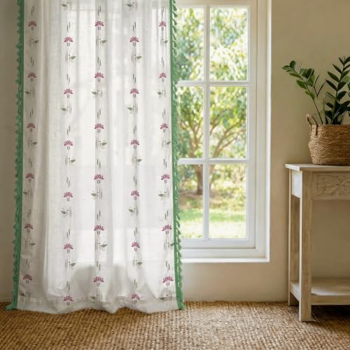 Image of Urban Space Boho Decorative Curtain for Door, 100% Cotton Curtain 7 Feet Long, 1 piece Curtain with Tassels, 60-65% Room Darkening with Tieback and Eyelets (Mulberry Wine, 7 Feet)